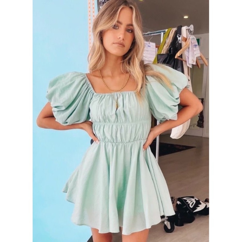Audrey Parks Francesca's Light Blue Puff Sleeve Smocked Mini Dress Size Small